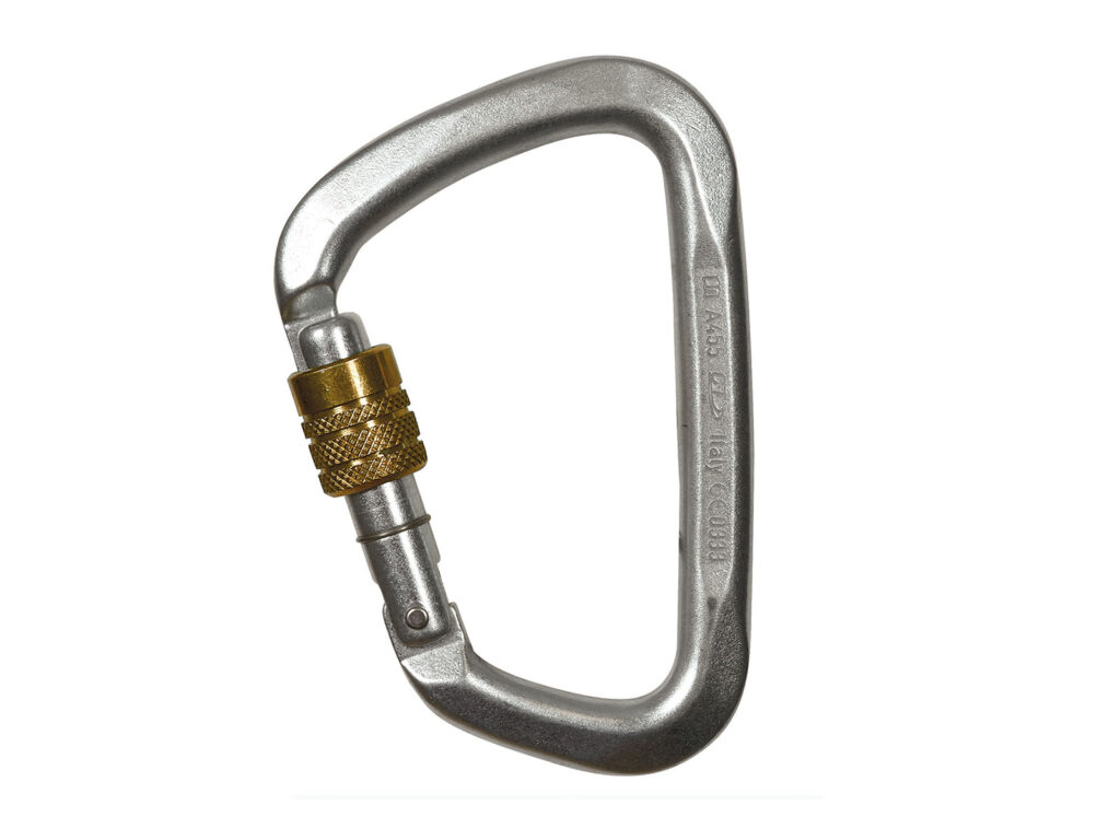 Silver steel screw gate carabiner. Climbing equipment with a golden screw lock mechanism. Safety carabiner for climbing and rappelling.