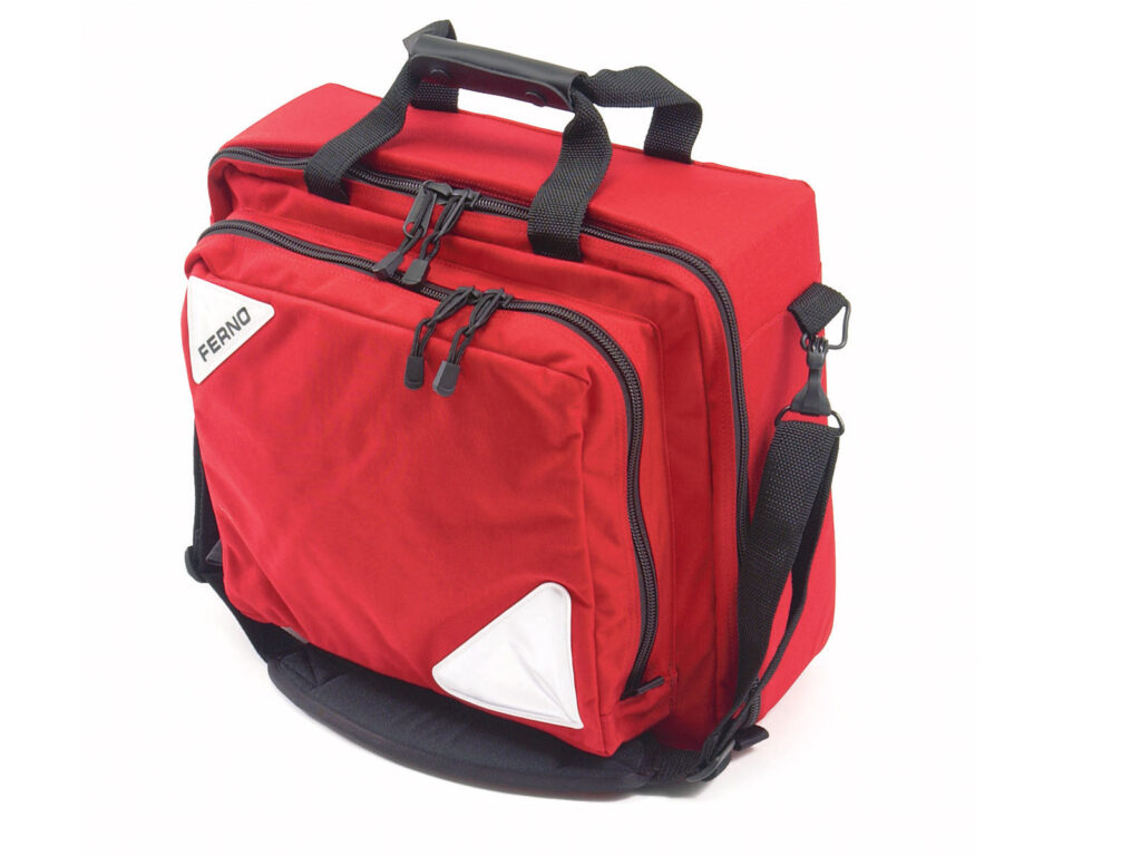Red Ferno 5103 Trauma Responder II Kit bag with black straps and handle. The medical bag has multiple zippered compartments and reflective markings.